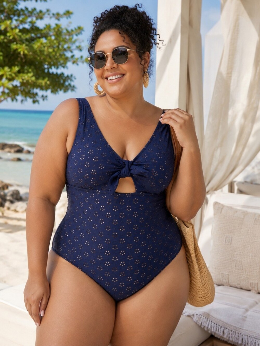 J. CREW Eyelet Cutout One-Piece Swimsuit Bow Front Navy Blue 2X